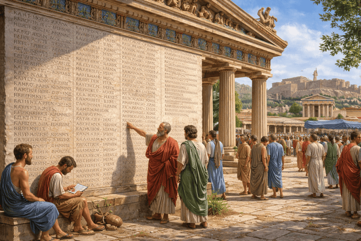 Ancient Athens Citizens study inscriptions