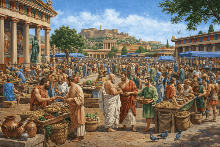 Bustling agora of ancient Athens
